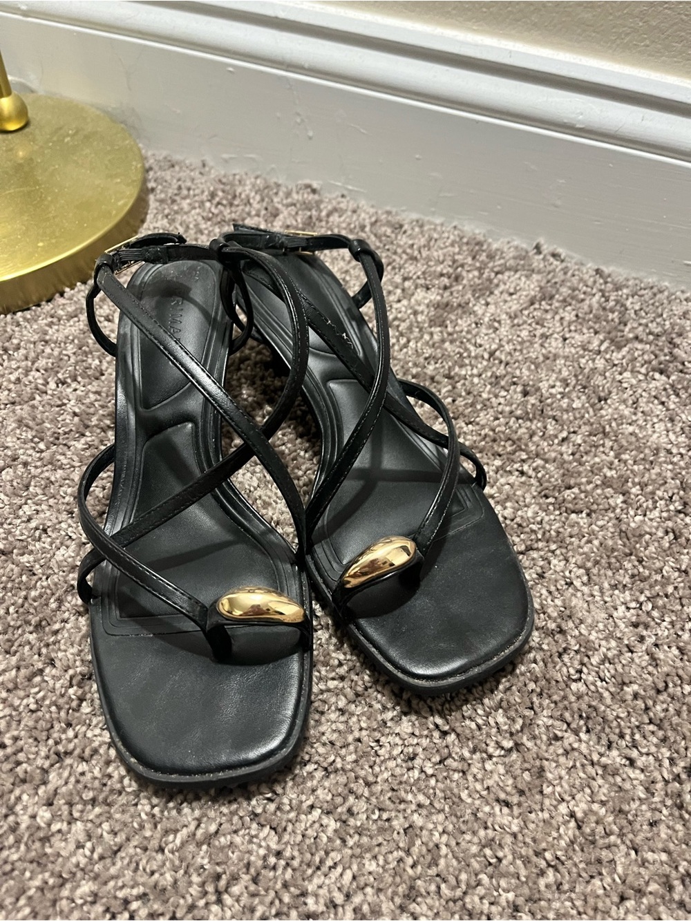 Black Strappy Heeled Sandals with Gold Accent - Picture 2 of 9